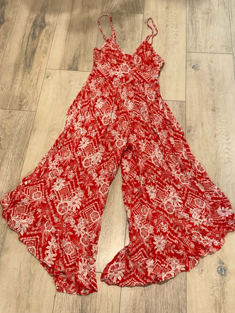 Red Floral Wide Leg Jumpsuit Palazzo Boho Resort Spaghetti Strap Size L